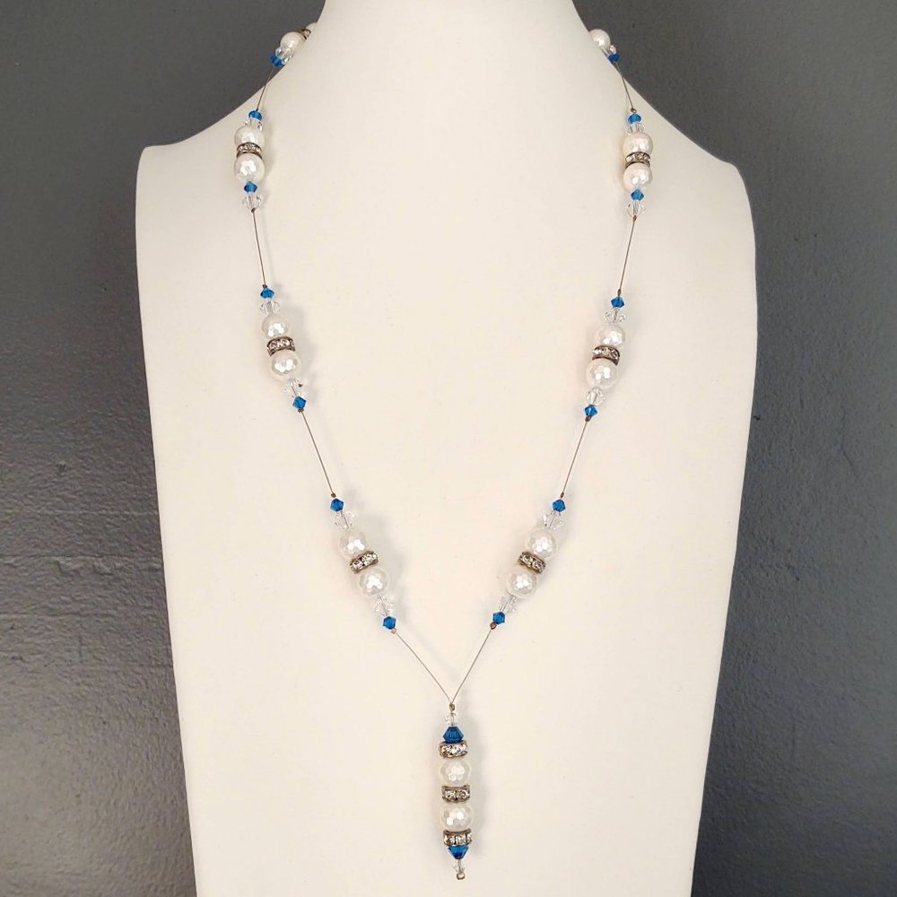 White, blue, clear and cz beaded necklace